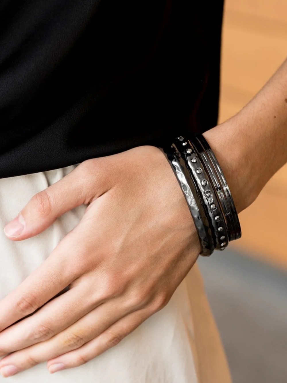 New! Revved Up Rhinestones Stacked Black Metal Bangle Bracelet Set of 4